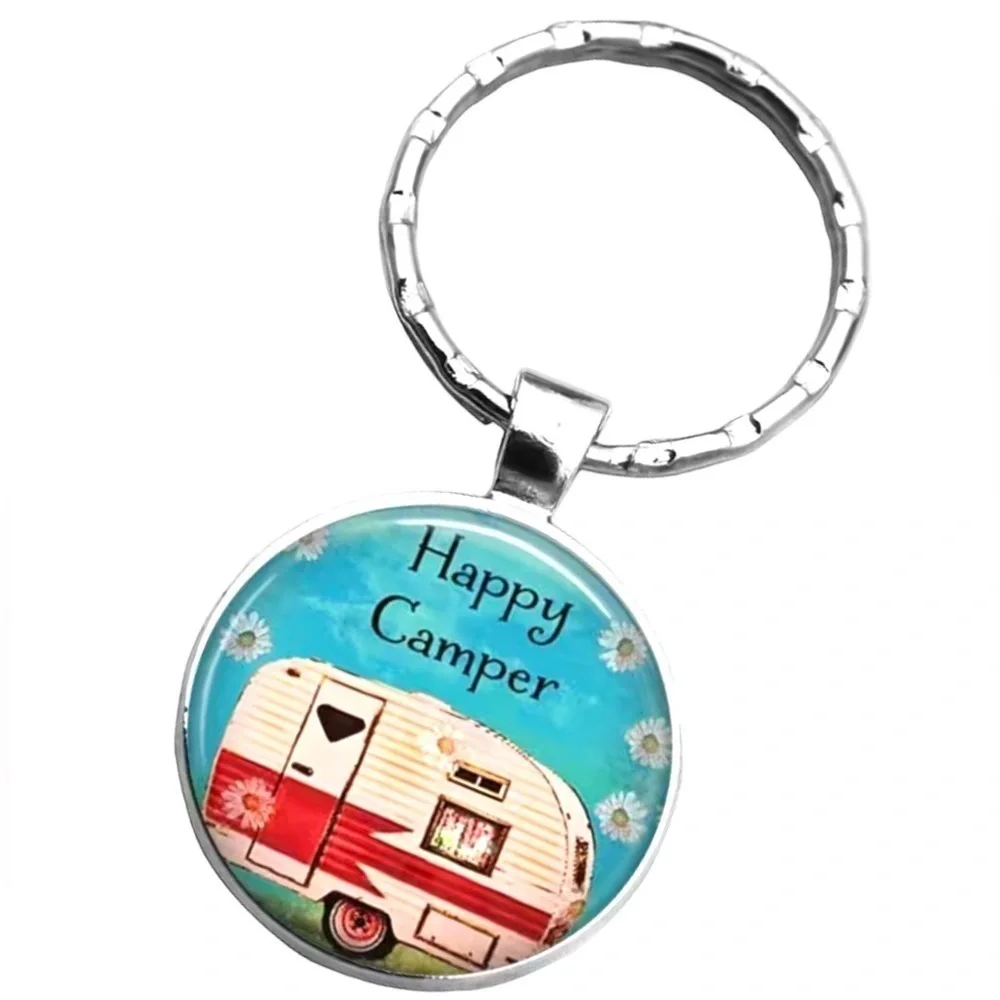 Happy Camper Keyring Fob Round Pendant Keepsake Gift Charm and Black Gift Pouch